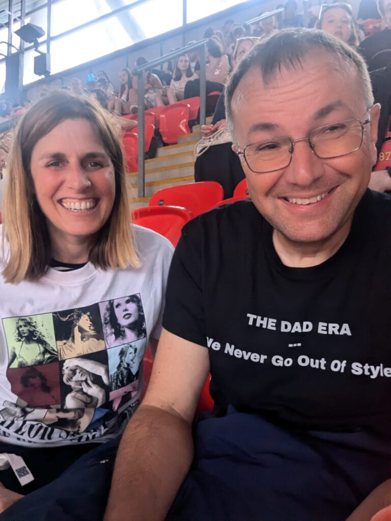 Jackie and Dave at Wembly 15 Aug 2024 Dave wearing Taylor Swift T shirt. "The Dad Era"